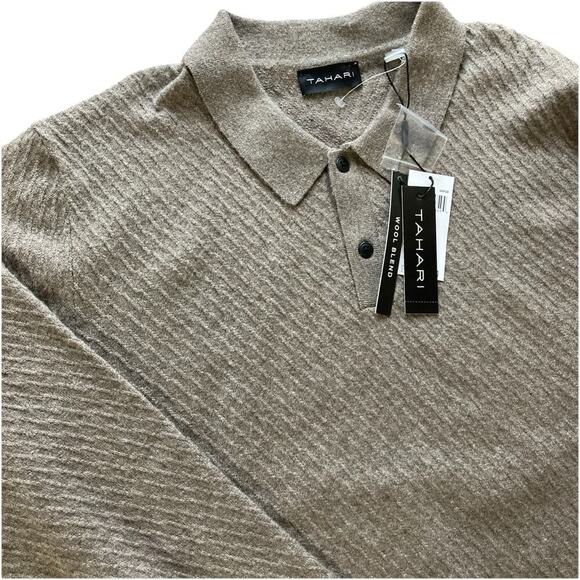 Tahari Mens Wool Blend Collared Sweater Sz M New Brown Long Sleeve Fisherman - Picture 1 of 6